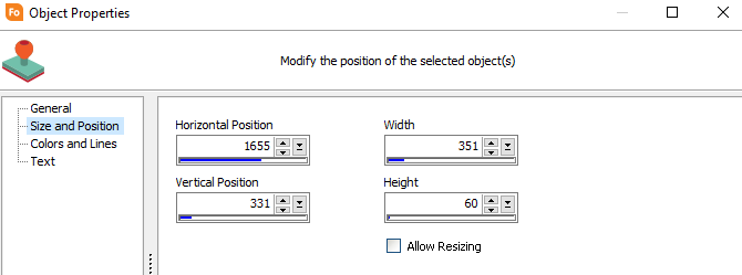 Object properties dialog box. Size and position is selected from the tree on the left. On the right, set the horizontal and vertical positions, and set the height and width.